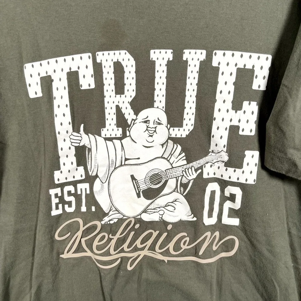 True Religion T Shirt Mens XL Olive Green Logo Buddha Short Sleeve Pullover